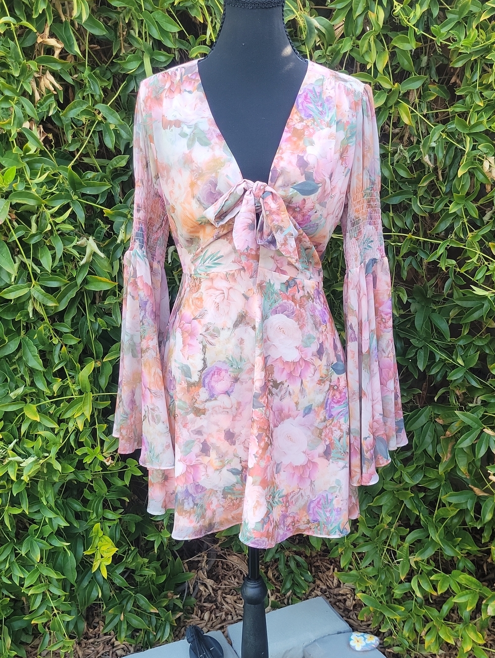 Pink Floral Boho Tie-Front Long Bell Sleeve Whimsy Mini Dress S
